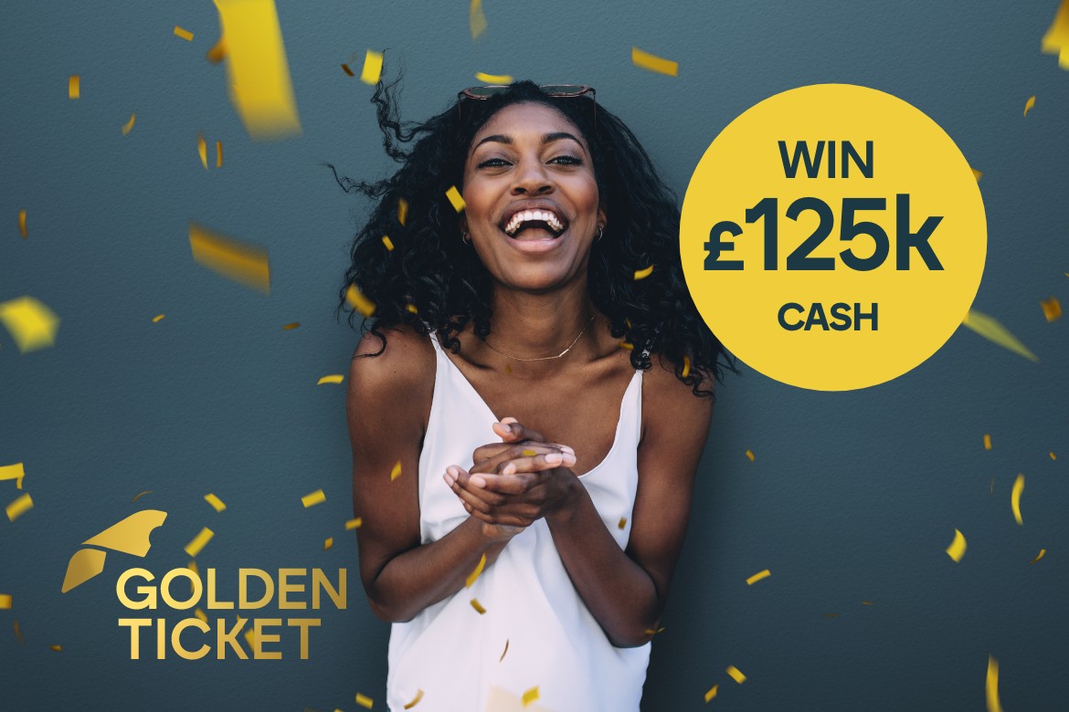 An ecstatic woman clapping hands with a 'WIN £125k CASH' prize announcement amidst a shower of golden confetti.