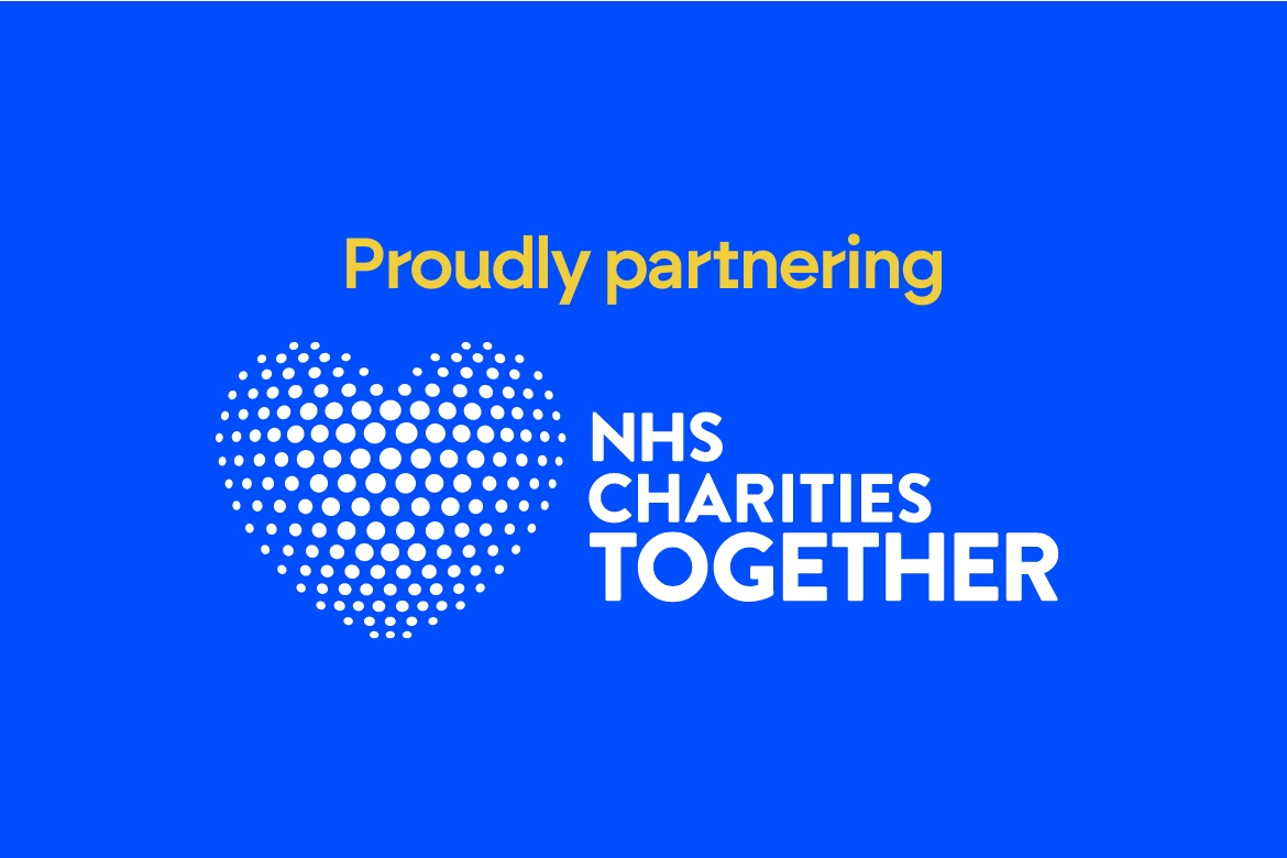 Blue background. Yellow text stating proudly partnering above the NHS Charities Together logo