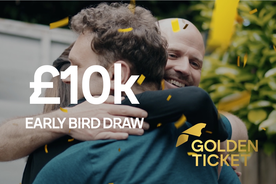Three people hugging. Confetti in foreground. White text stating £10k early bird draw