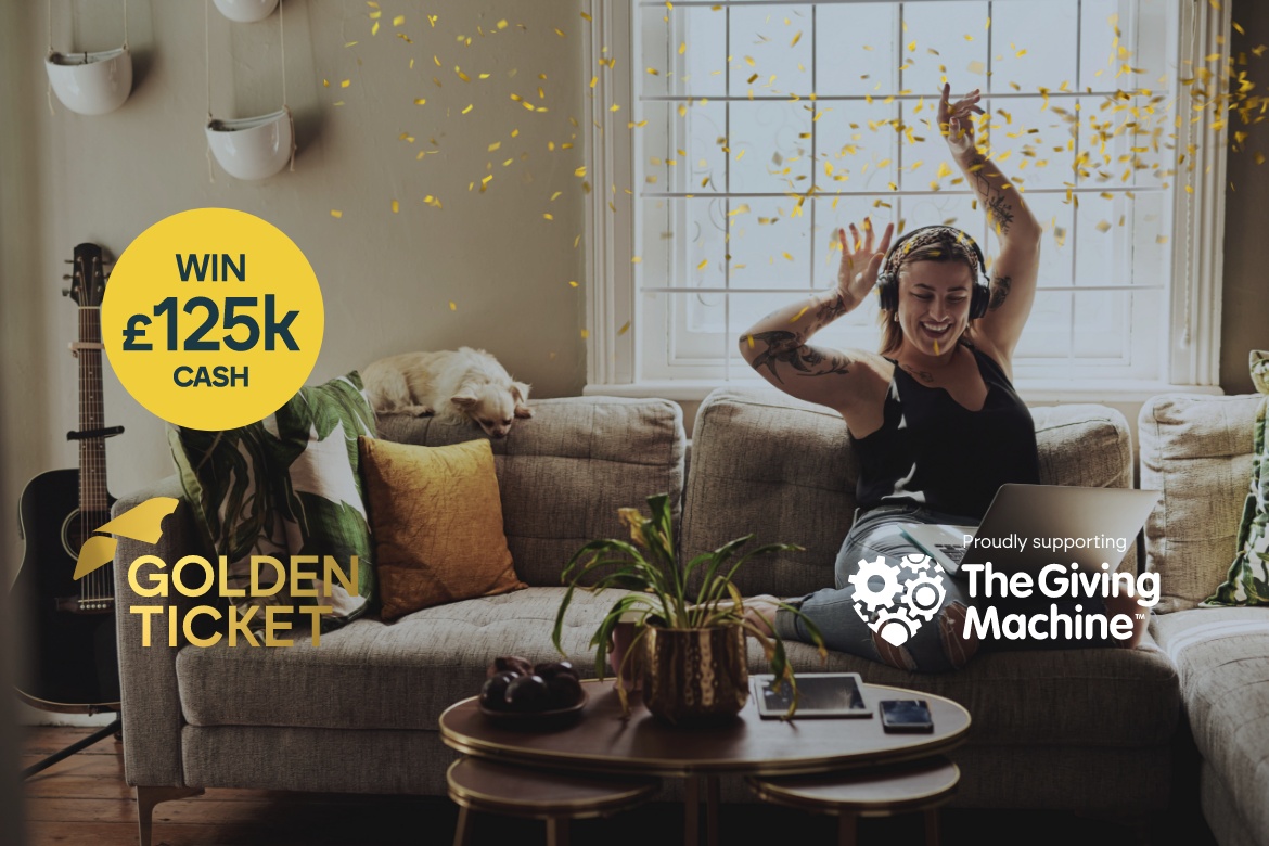 An ecstatic woman clapping hands with a 'WIN £125k CASH' prize announcement amidst a shower of golden confetti.
