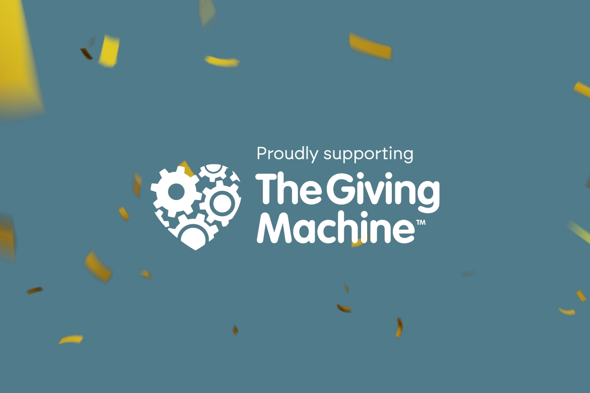 Promotional graphic featuring 'TheGivingMachine' in white text with a confetti backdrop